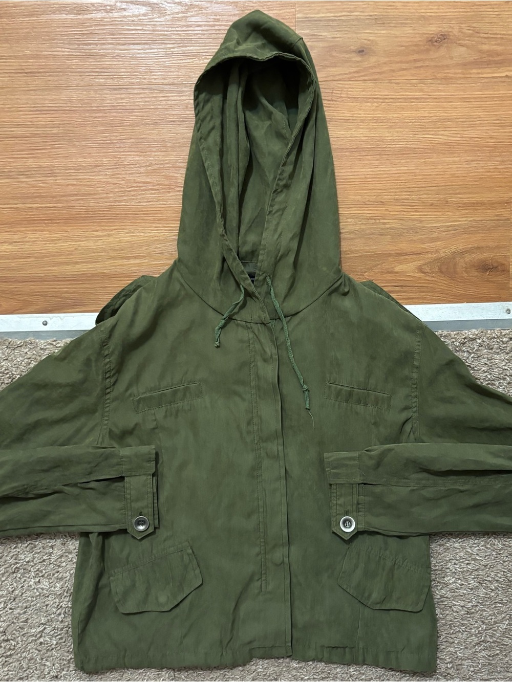 Brandy Melville Womans Sm Olive Green Hooded Lightweight Utility Jacket Like New